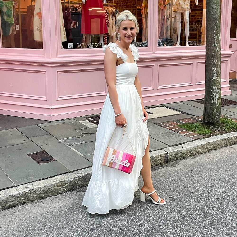 White long dress with flower straps and leg slit